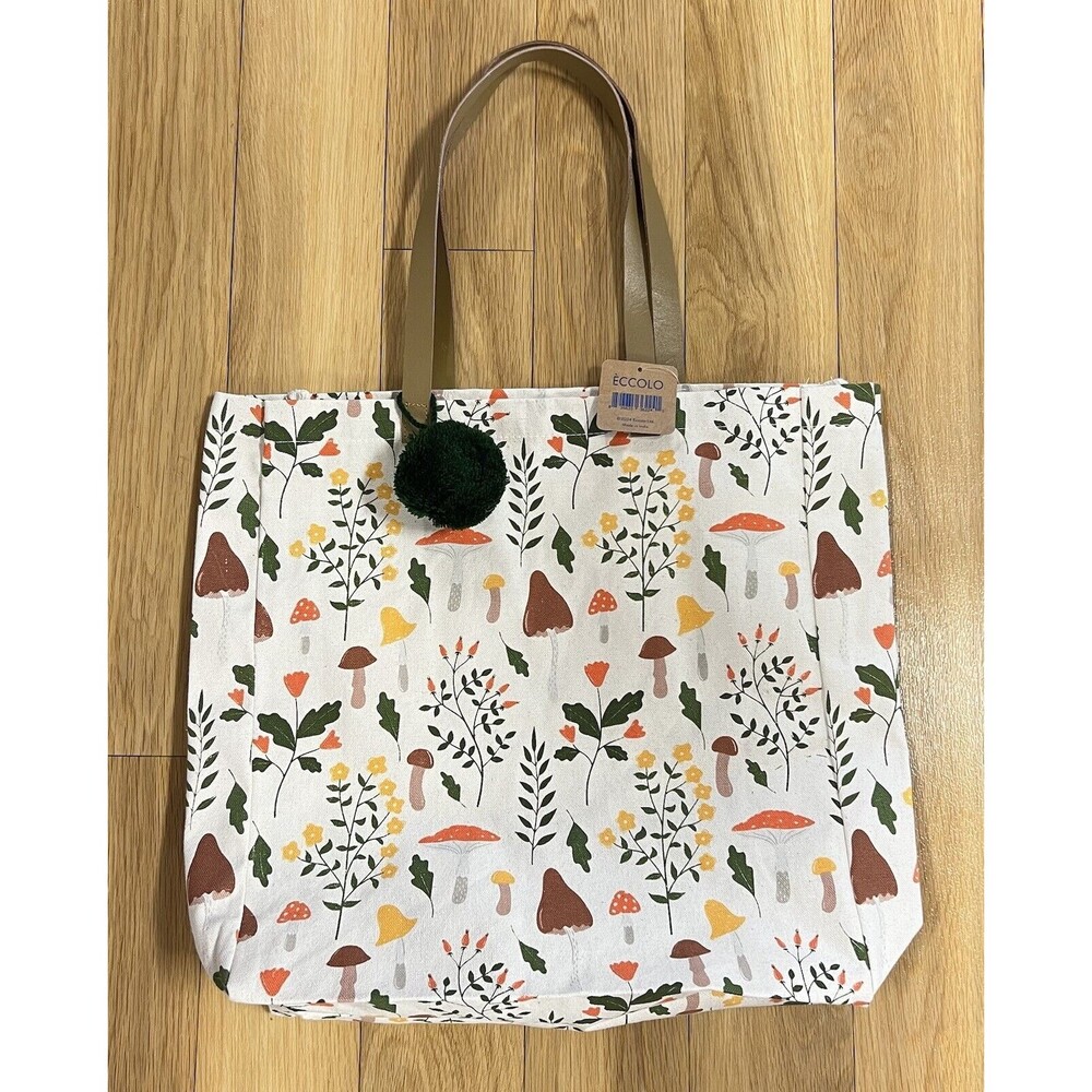 Eccolo MUSHROOM POM POM Reusable Tote Cotton Canvas Bag Multi Botanical
